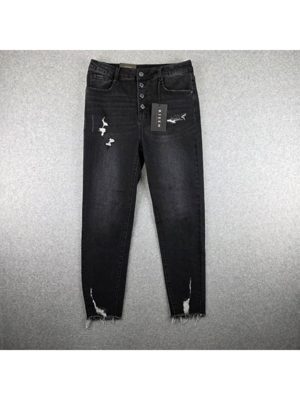 RISEN Jeans Womens 13 Black Skinny High Rise Distressed Stretch Button Fly